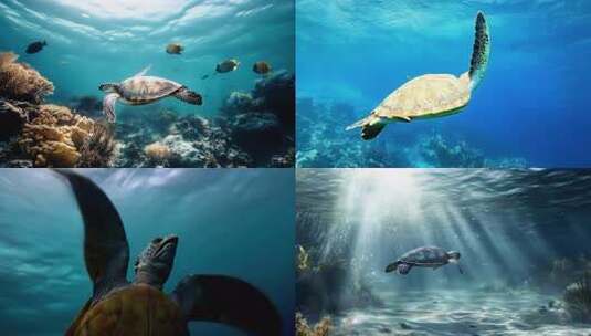 海底世界海龟游泳水下生物海洋生物海龟玳瑁高清在线视频素材下载