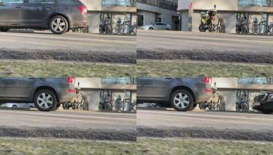 路边停着的自行车和摩托车高清在线视频素材下载