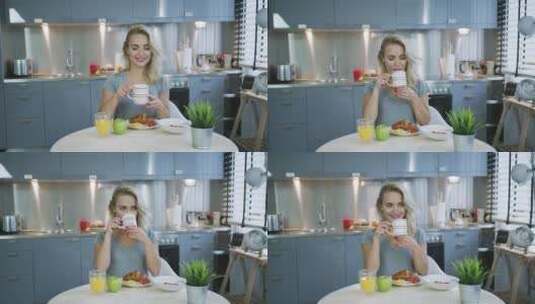 女人在餐桌前开心的吃早餐高清在线视频素材下载