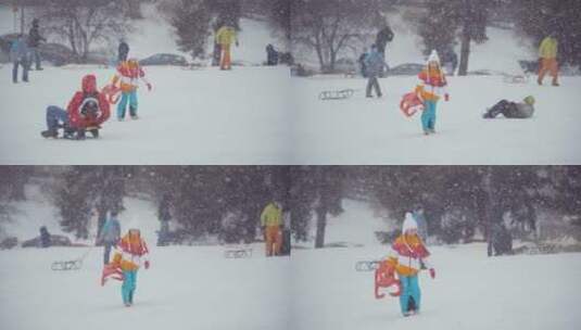 女孩拿着雪橇在雪地里行走高清在线视频素材下载