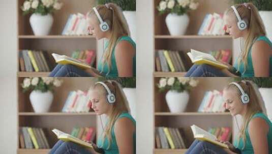 女孩戴着耳机听音乐看书高清在线视频素材下载