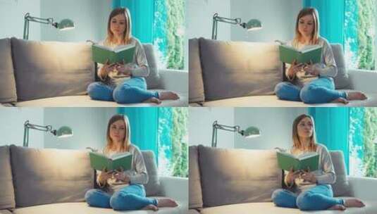 年轻的女人在沙发看书高清在线视频素材下载