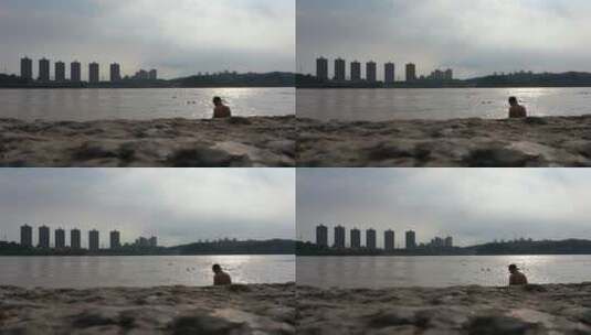 湖北宜昌城市江景岸边游泳地拍709高清在线视频素材下载