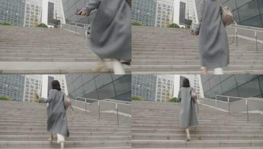 都市女青年快步小跑上台阶上班迟到高清在线视频素材下载
