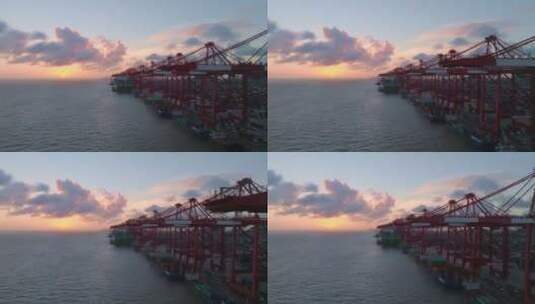 夕阳下的港口与货轮高清在线视频素材下载