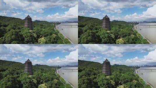 钱塘江畔古建筑六和塔和现代城市风光航拍高清在线视频素材下载