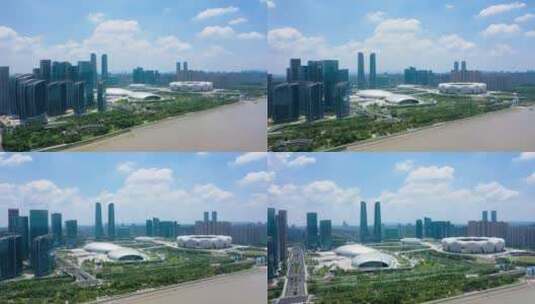 杭州滨江奥体中心杭州之门航拍高清在线视频素材下载