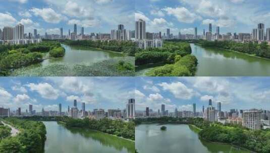 深圳洪湖公园航拍罗湖区地标建筑帝王大厦高清在线视频素材下载