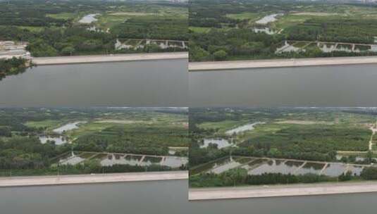 航拍威海临港区的郭格庄水库的水坝高清在线视频素材下载