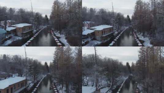 吉林二道白河魔界漂流，航拍冰河雪景高清在线视频素材下载