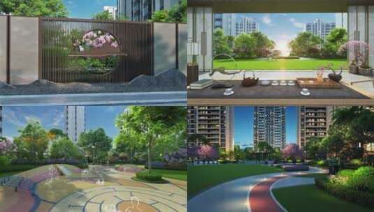 新中式小区江南园林景观三维动画高清在线视频素材下载
