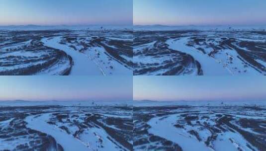 航拍内蒙雪原冰河海拉尔河暮色高清在线视频素材下载