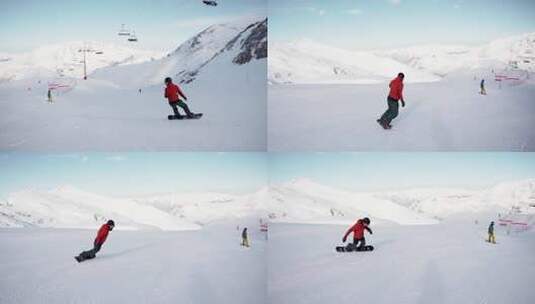 滑雪板运动员在下坡时转弯高清在线视频素材下载