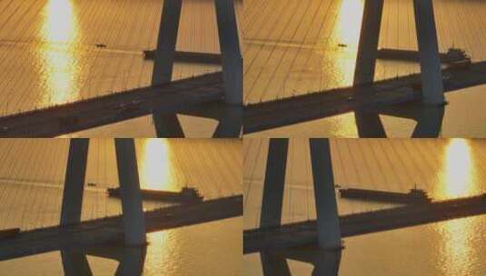 沌口长江大桥与长江货运轮船高清在线视频素材下载