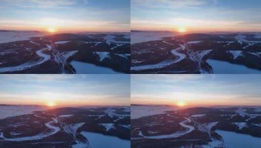 航拍冬季雪原山岭河湾日落高清在线视频素材下载