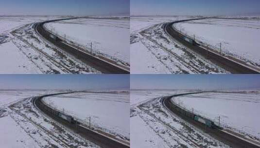 荒原雪地货运火车高清在线视频素材下载
