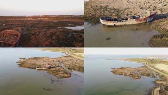 废弃渔船搁浅退潮沙滩高清在线视频素材下载