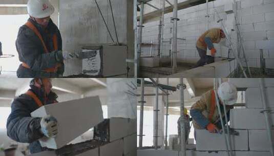 建筑工地上工人砌墙高清在线视频素材下载