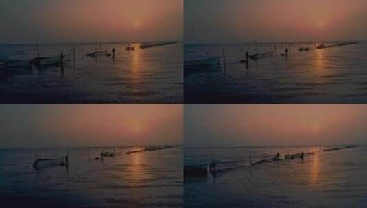 黄海海滩渔民围网捕鱼高清在线视频素材下载