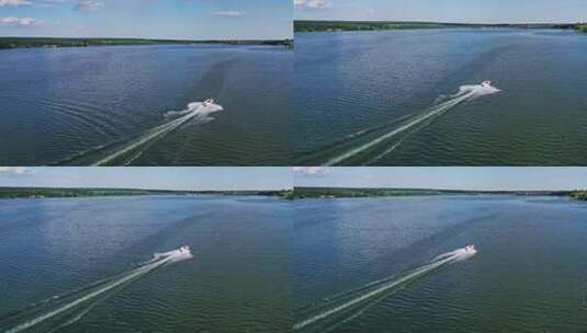 漂浮在河上的船。漂浮在河上的小型摩托艇的无人机视图高清在线视频素材下载