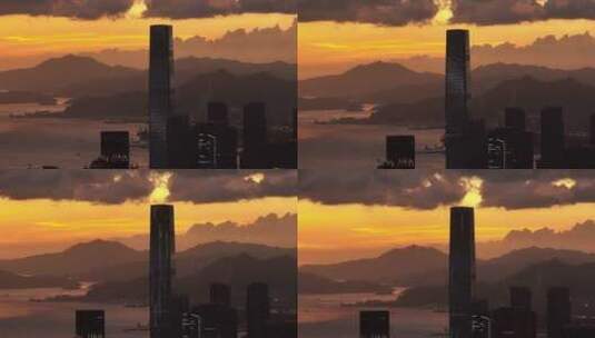 香港西九龙地标建筑日落剪影航拍高清在线视频素材下载