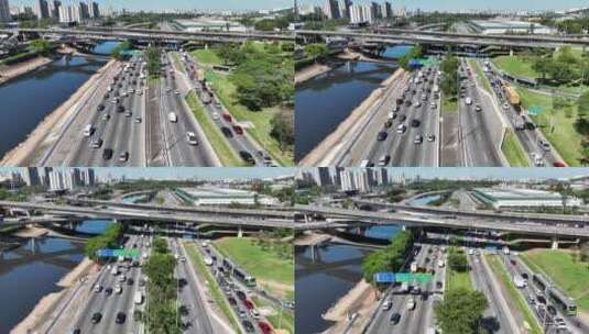 高速公路上交通繁忙的城市景观高清在线视频素材下载