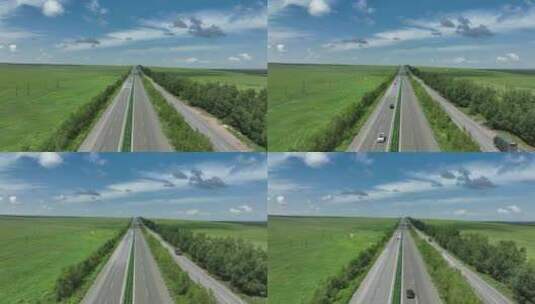 航拍草原公路汽车行驶高清在线视频素材下载