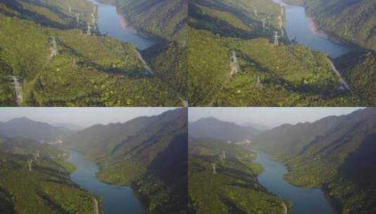 江西水坝航拍水库山脉河流高压电线塔大远景高清在线视频素材下载