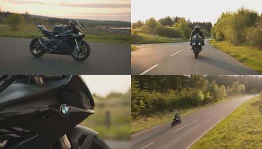 驾驶摩托车行驶在森林公路中BMW宝马高清在线视频素材下载