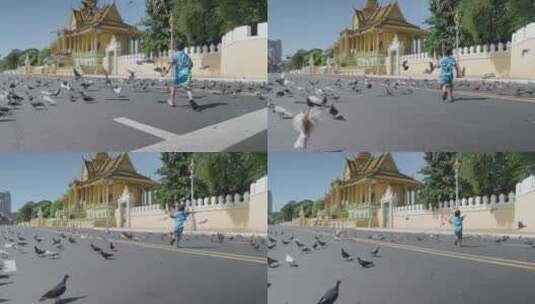 东南亚柬埔寨儿童玩耍 鸽子飞舞高清在线视频素材下载