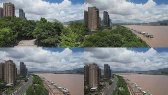 温州瓯江两岸高楼建筑蓝天白云航拍高清在线视频素材下载