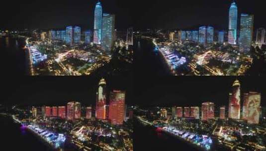 烟台世贸大厦海滨广场夜景航拍高清在线视频素材下载