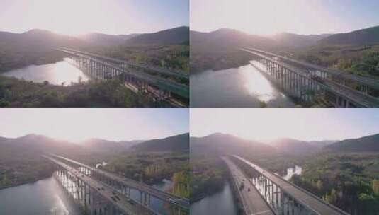 4k航拍山东济南清晨的水上高速高清在线视频素材下载