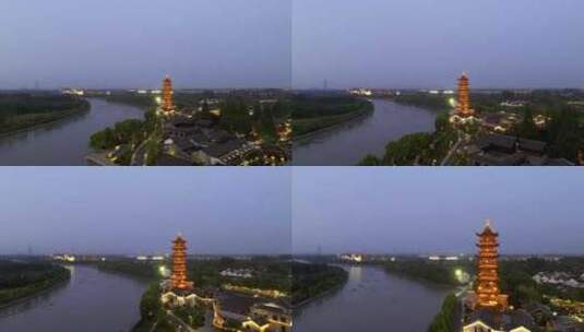 航拍乌镇白莲塔京杭大运河夜晚高清在线视频素材下载