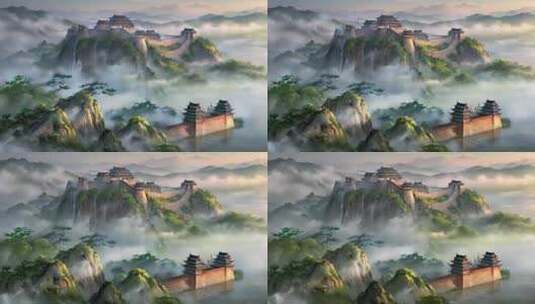 中国传统水墨山水长城云雾缥缈高清在线视频素材下载