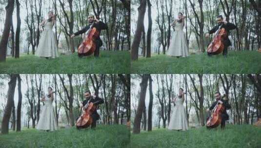 美女小提琴和外国人大提琴合奏高清在线视频素材下载