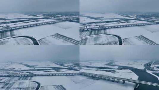 航拍淮河王家坝四里湖平原雪景风光4K高清在线视频素材下载