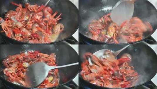 在锅里烹饪小龙虾高清在线视频素材下载