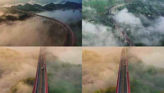 高速公路航拍云海4k跨江高架桥中国建设高清在线视频素材下载