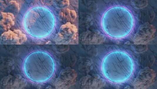霓虹蓝环悬停在动态云场上的抽象3D视觉，高清在线视频素材下载