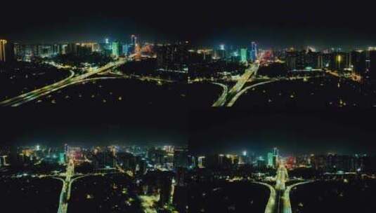 广东湛江高架桥交通枢纽夜景航拍高清在线视频素材下载