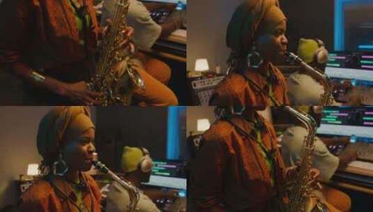 年轻的黑人女音乐家在录音棚演奏萨克斯独奏高清在线视频素材下载
