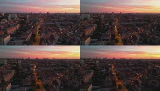 空中城市街道超翻转布鲁塞尔之夜，日落Ev高清在线视频素材下载