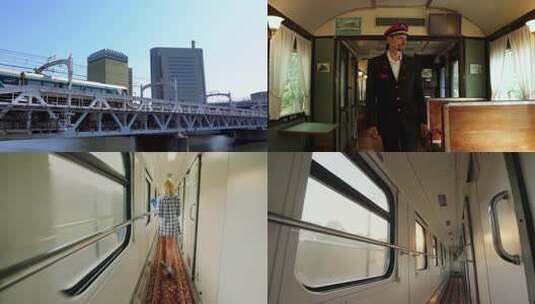 火车车厢内女子行走画面高清在线视频素材下载