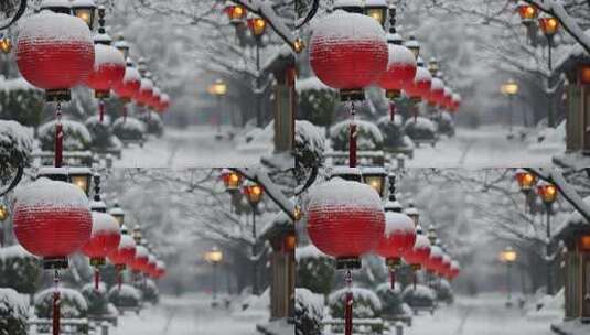 沿街的积雪灯笼高清在线视频素材下载