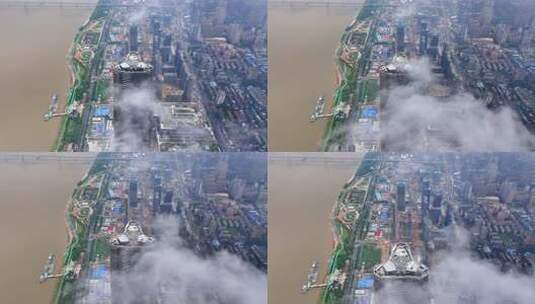 航拍雨后平流雾武汉绿地中心建筑风光高清在线视频素材下载