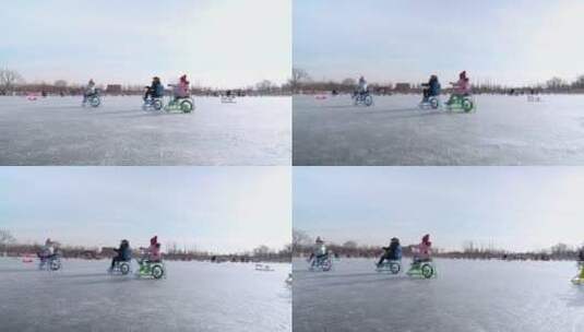 冬季在露天冰场玩耍的东方女性和儿童高清在线视频素材下载