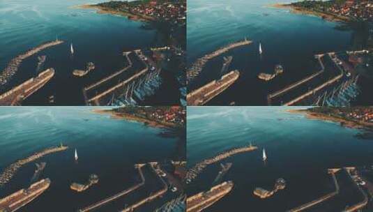 航拍海港上的轮船高清在线视频素材下载