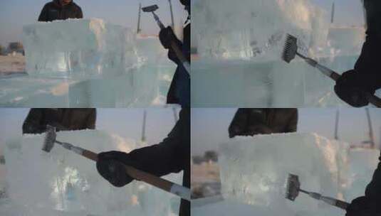 冰雪大世界冰雕工人高清在线视频素材下载