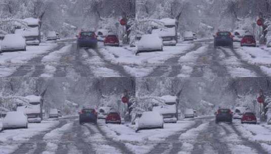 车辆在结冰和积雪覆盖的道路行驶高清在线视频素材下载